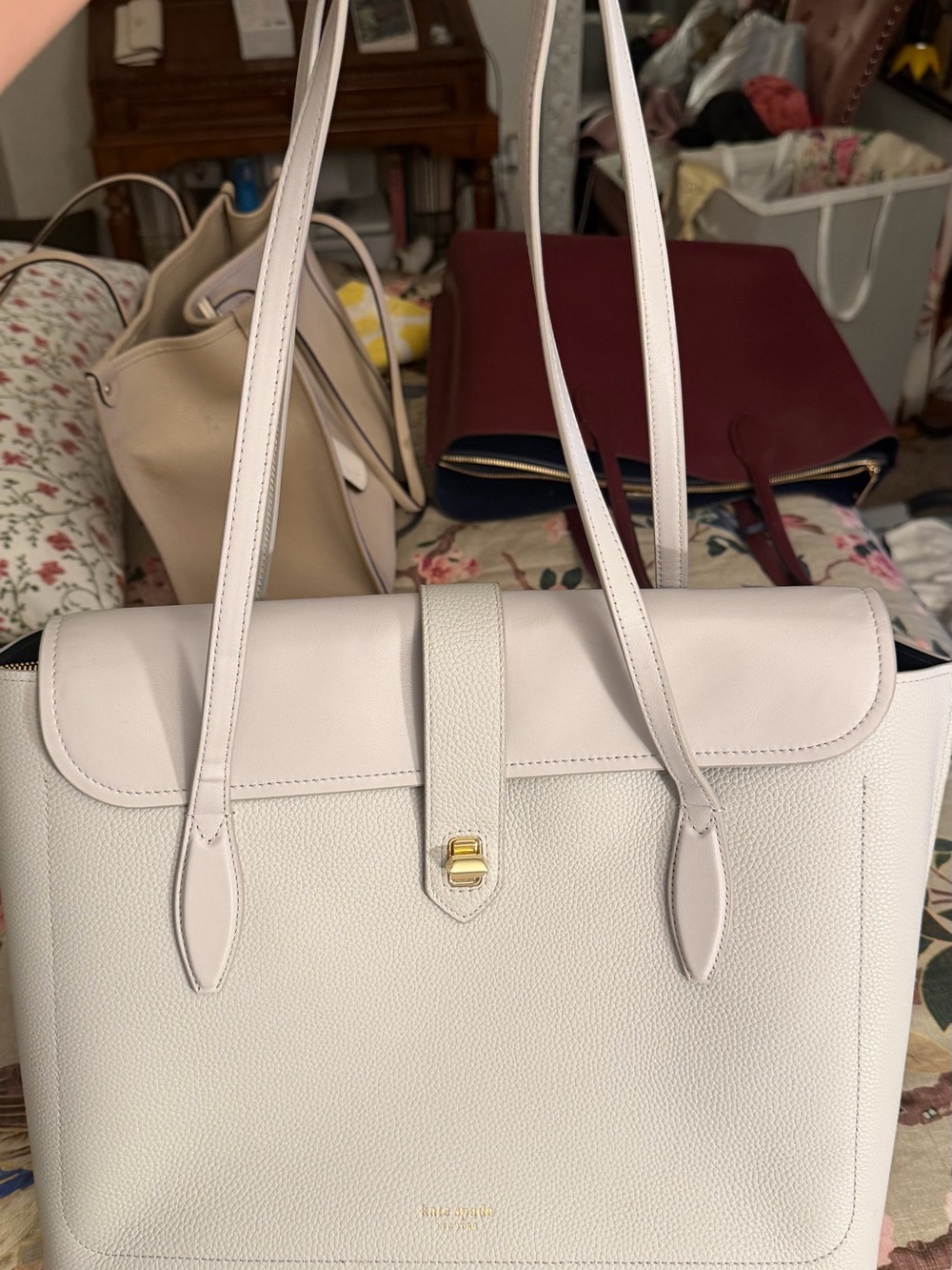 kate spade Cream Pebbled Leather Tote with Gold Hardware